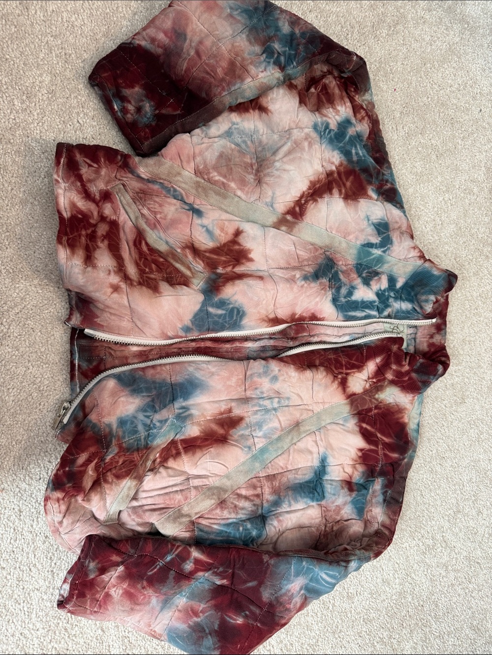 Chaser Tie-Dye Quilted Bomber Jacket in Maroon, Blue & Cream